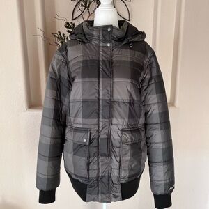 Eddie Bauer Puffer Hooded Jacket Gray Plaid  Women XL Warm Ski Snow Winter Coat